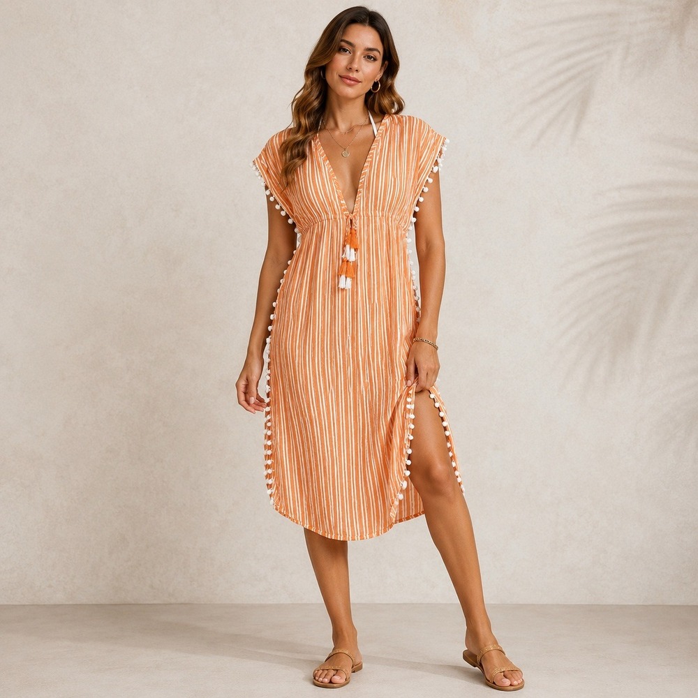 Blue Island Swim Coverup Womens L Orange Striped Pom Pom Tassel V-Neck Dress